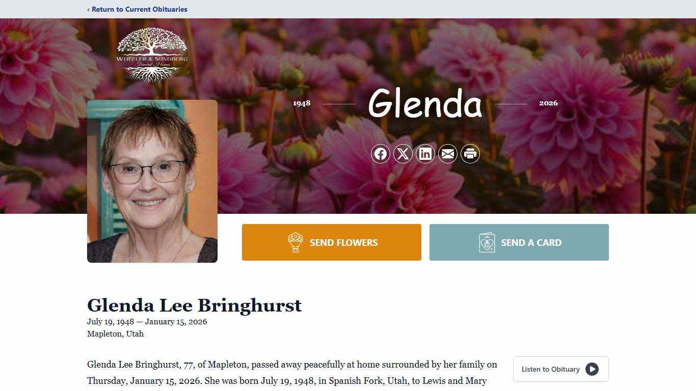 Glenda Lee Bringhurst Obituary January 15, 2026 - Wheeler & Sundberg-Olpin Funeral Homes